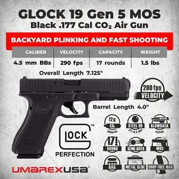 UMAREX 2255230 GLOCK 19 GEN5 MOS BLOWBACK CO2 AIRGUN 1.77 CAL STEEL BB                     