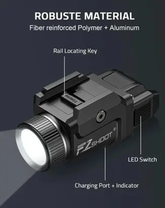 Linterna negro con Laser verde de 800 lumen recargable para pistola Glock y Riel Picatinny 