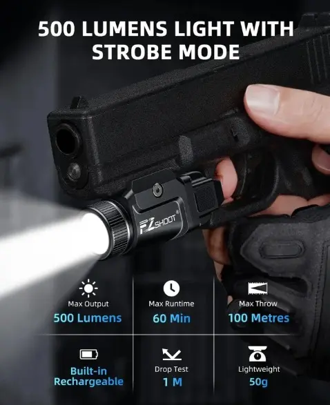 Linterna negro con Laser verde de 800 lumen recargable para pistola Glock y Riel Picatinny 