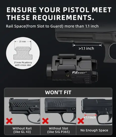 Linterna negro con Laser verde de 800 lumen recargable para pistola Glock y Riel Picatinny 