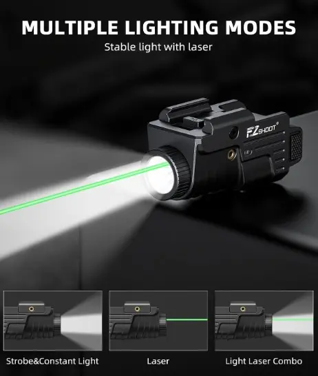 Linterna negro con Laser verde de 800 lumen recargable para pistola Glock y Riel Picatinny 