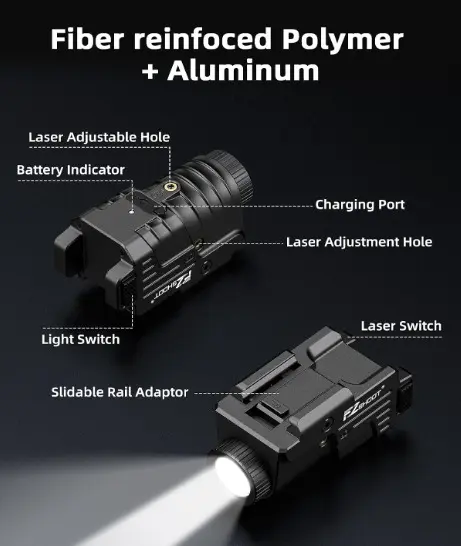 Linterna negro con Laser verde de 800 lumen recargable para pistola Glock y Riel Picatinny 