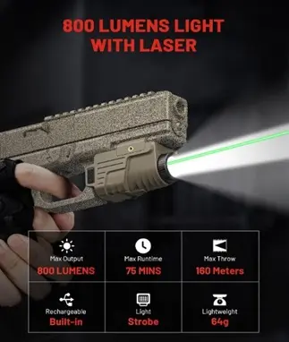 Linterna coyote con Laser rojo de 800 lumen recargable para pistola Glock y Riel Picatinny  